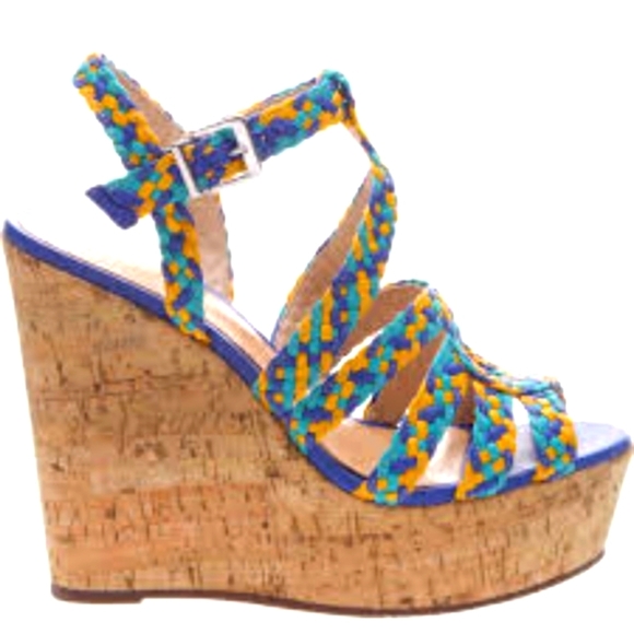 SCHUTZ Shoes - Schutz Caron Olympian Blue HIgh Heel Cork Wedge Platform Multi Color Sandals..10